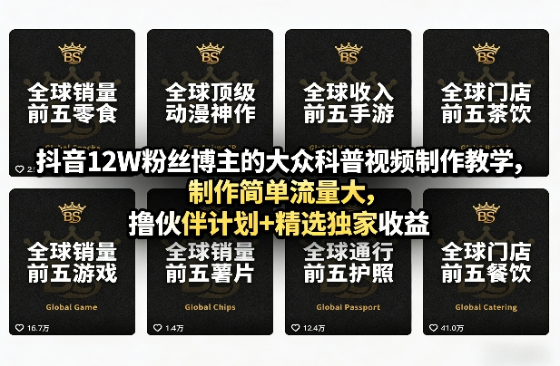 抖音12W粉丝博主的大众科普视频制作教学,制作简单流量大,撸伙伴计划+精选独家收益